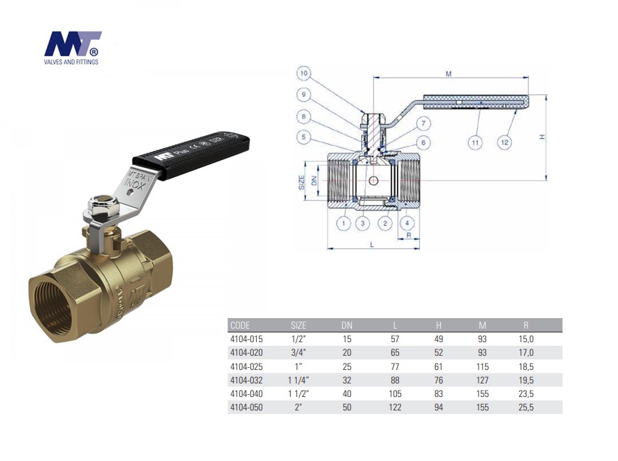 Kogelkraan messing PN 40 1/2