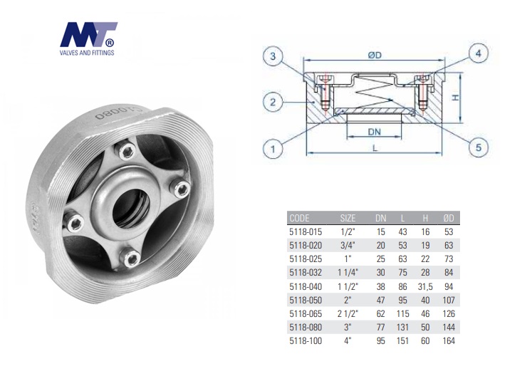 Terugslagklep PN-40 AISI-316 BSP1/2