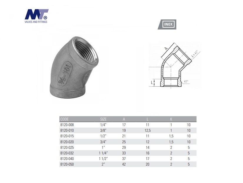 RVS knie 45° graden 2 x Binnendraad BSP 1/4