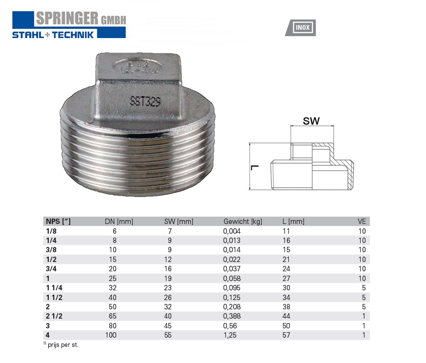 Rvs 4Kant Plug 316 BSP 1/8