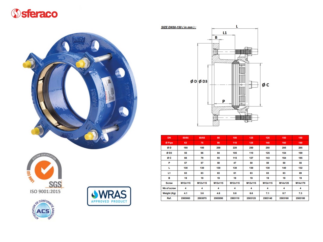 Zelfborgende flensadapter voor PVC en PE Ø63mm DN50-60