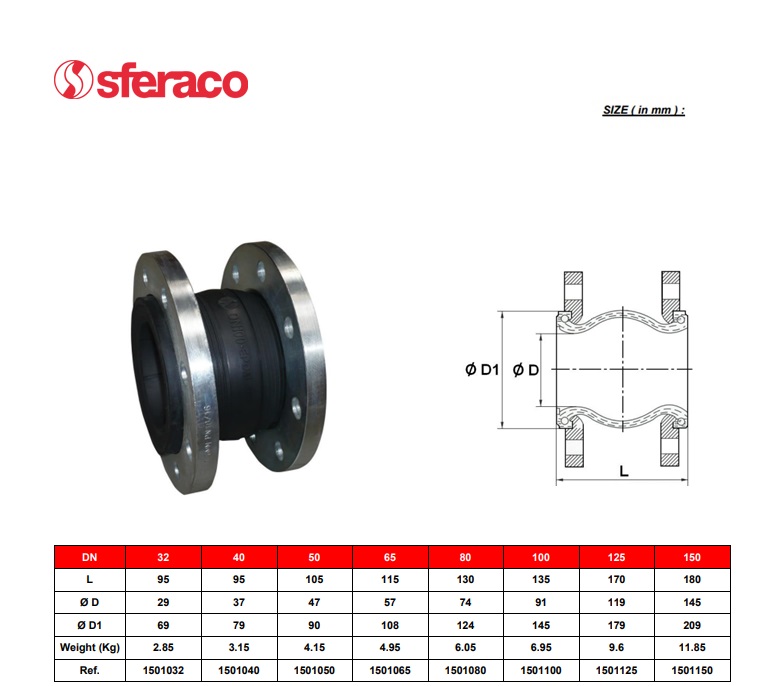 Rubberen compensator 1501 DN32 EPDM enkele golf/stalen flenzen PN10