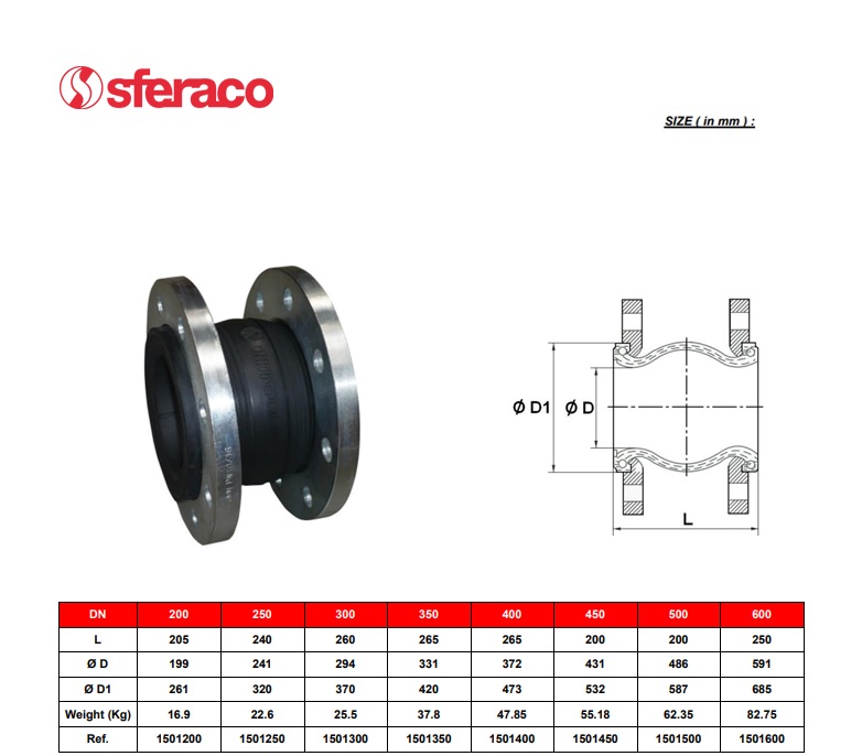 Rubberen compensator 1501 DN200 EPDM enkele golf/stalen flenzen PN10