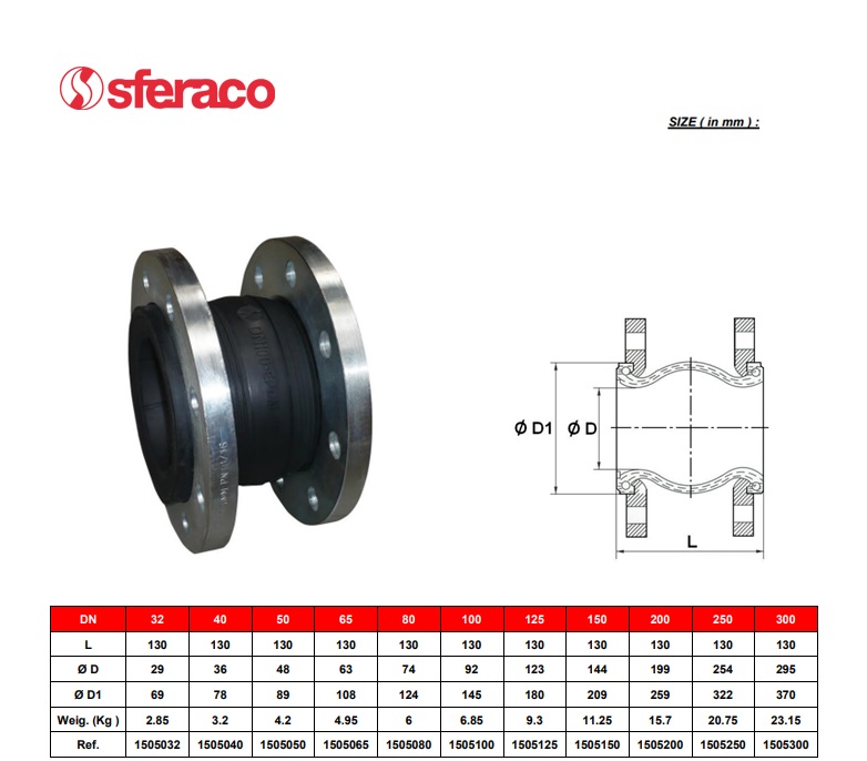 Rubberen compensator 1505 DN32 EPDM enkele golf/stalen flenzen PN10