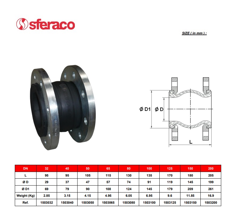 Rubberen compensator 1503 DN32 NBR enkele golf/stalen flenzen PN10