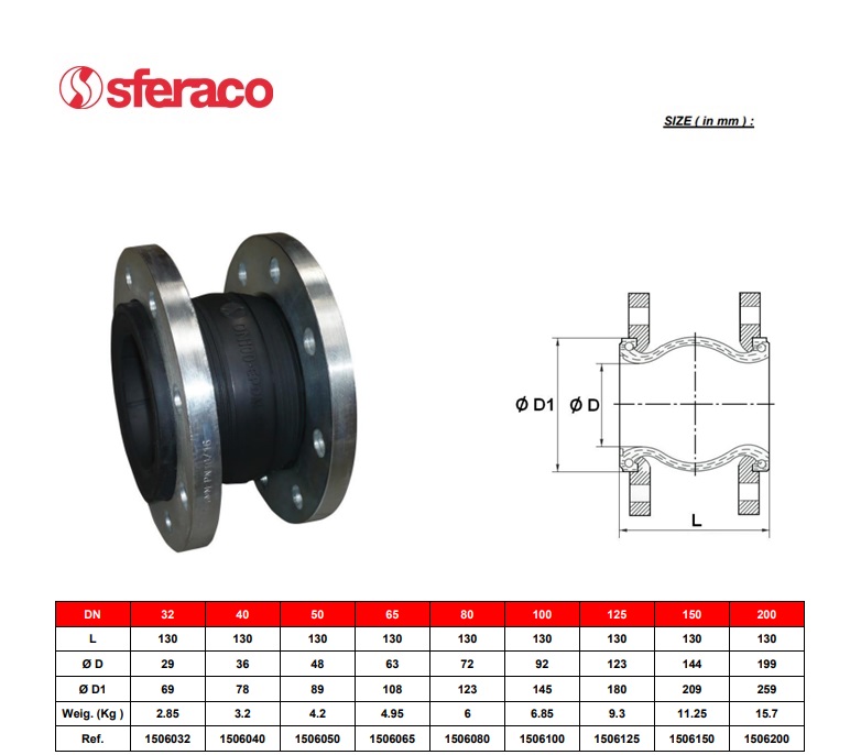 Rubberen compensator 1506 DN32 NBR enkele golf/stalen flenzen PN10