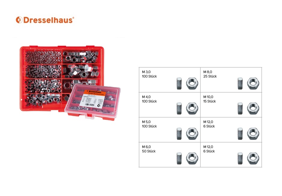 Assortimentsdoos zeskantmoeren DIN 934 (8-vaks / 402 stuks, gesorteerd)