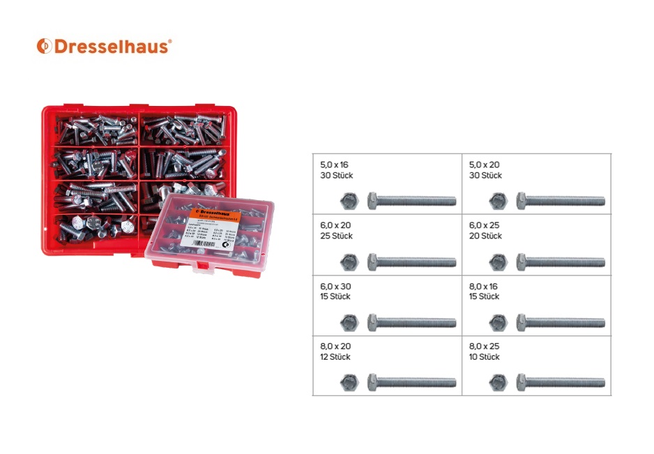 Assortimentsdoos zeskantschroeven 8.8 DIN 933 (8-vaks / 157 stuks, gesorteerd)