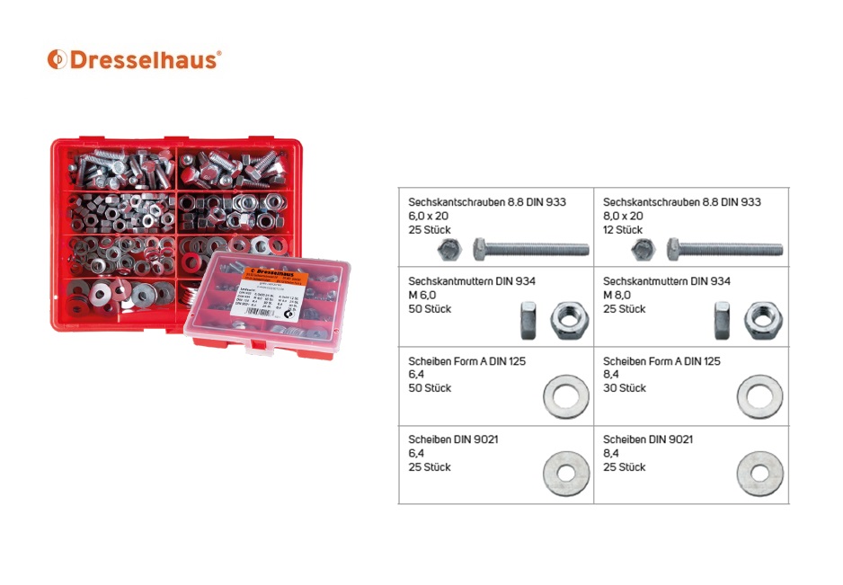 Assortimentsdoos zeskantmoeren DIN 934 sluitringen/DIN 125 (8-vaks / 380 stuks, gesorteerd) | DKMTools - DKM Tools