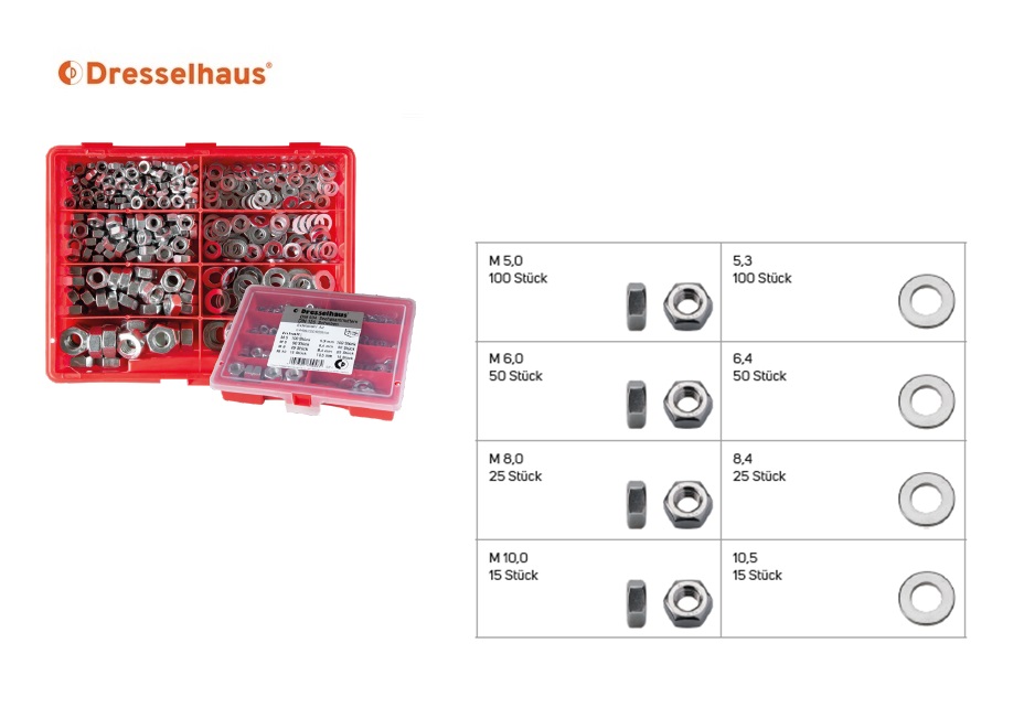 Assortimentsdoos zeskantmoeren DIN 934/ sluitringen DIN 125 (8-vaks / 380 stuks, gesorteerd)