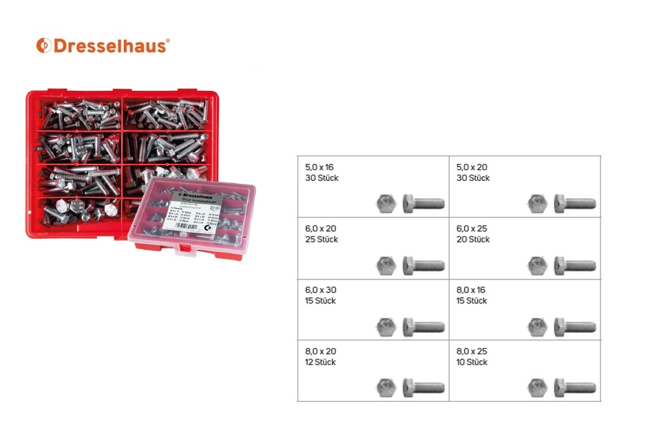 Assortimentsdoos zeskantschroeven DIN 933 roestvrij staal A2 (8-vaks / 157 stuks, gesorteerd)