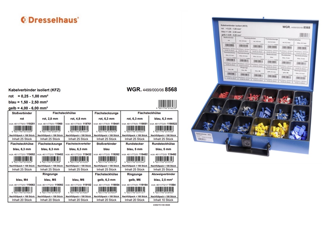 Assortimentskoffer kabelverbinders geisoleerd (18 vaks / 410 stuks, gesorteerd)