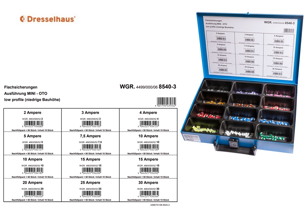 Assortimentskoffer vlakzekeringen mini OTO laag profiel (12 vaks / 120 stuks, gesorteerd)