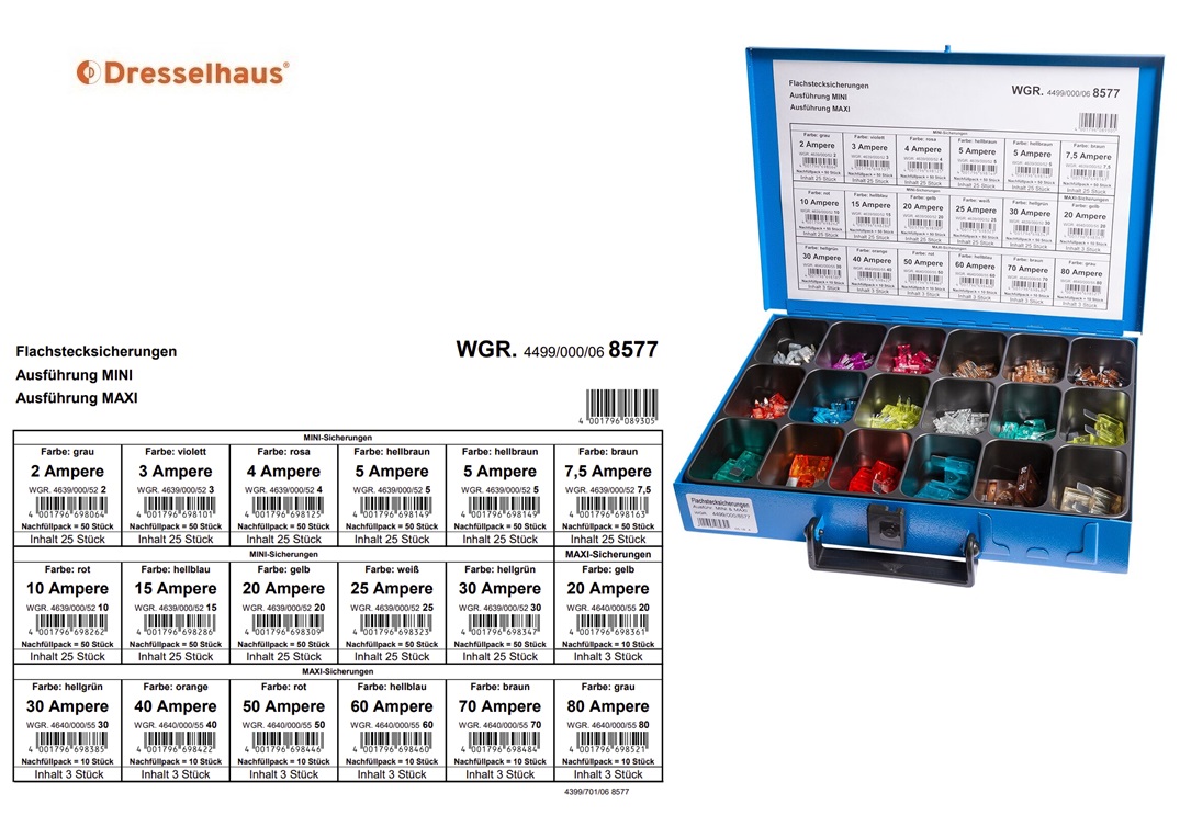 Assortimentskoffer vlakzekeringen mini/maxi (18 vaks / 296 stuks, gesorteerd)