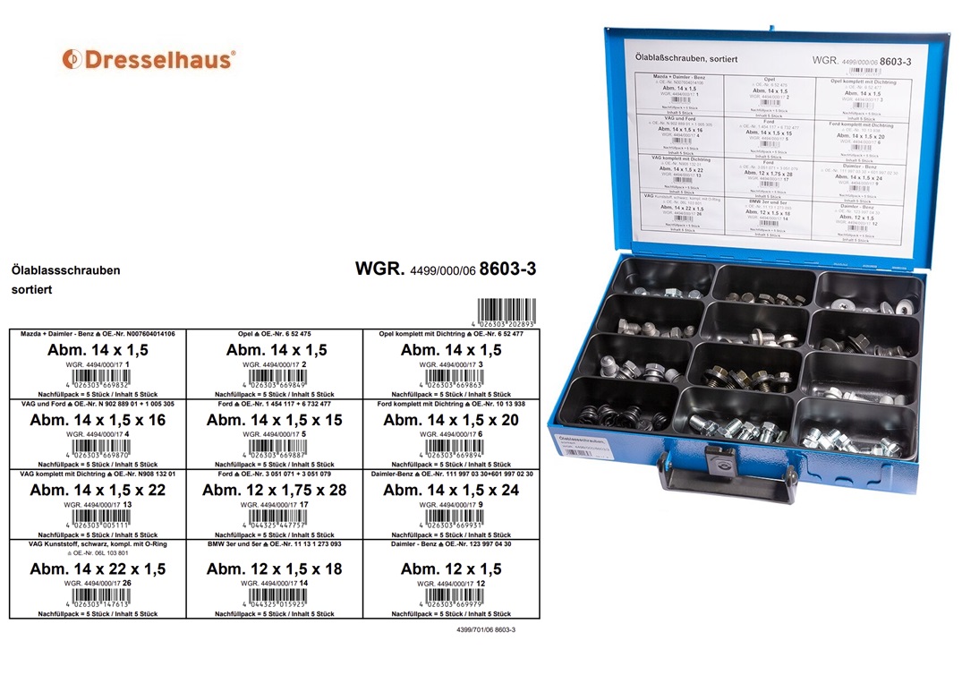 Assortimentskoffer olie aftap plugs (12 vaks / 60 stuks, gesorteerd)