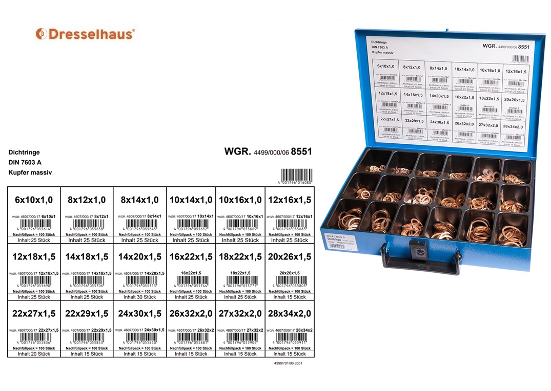 Assortimentskoffer afdichtingsringen massief koper DIN 7603 A (18 vaks /