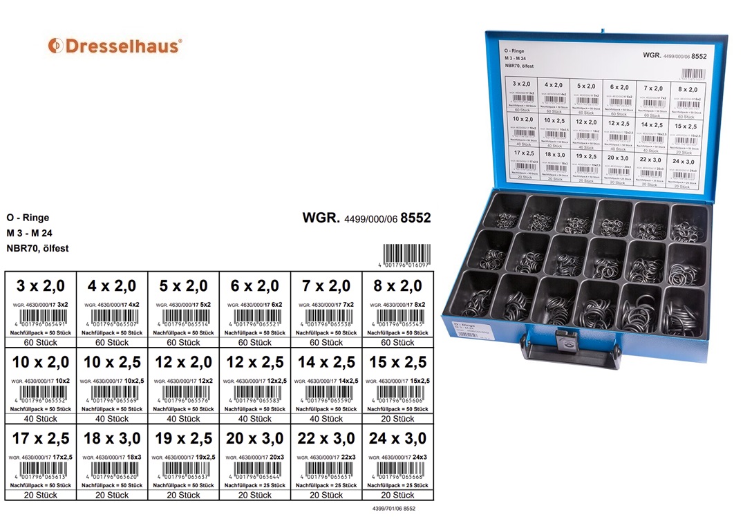 Assortimentskoffer O-ringen NBR 70 oliebestendig (18 vaks / 700 stuks, ge