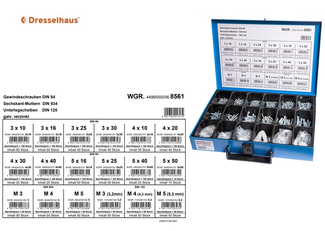 Assortimentskoffer schroefdraadbouten DIN 84 /Moeren DIN 934/ U-ringen DIN 125