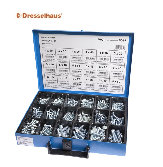 Assortimentskoffer schroeven staal DIN 933 8.8 verzinkt (18 vaks / 650 stuks, gesorteerd)