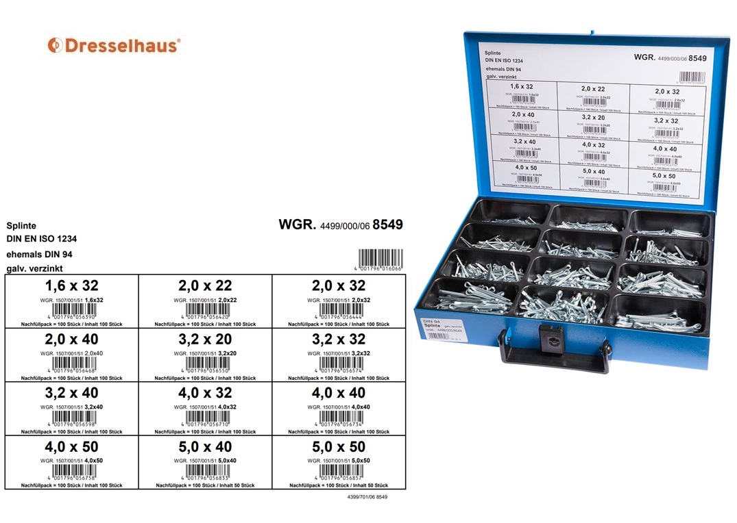 Assortimentskoffer splitpennen DIN EN ISO 1234 verzinkt (12 vaks / 1.100 stuks, gesorteerd)