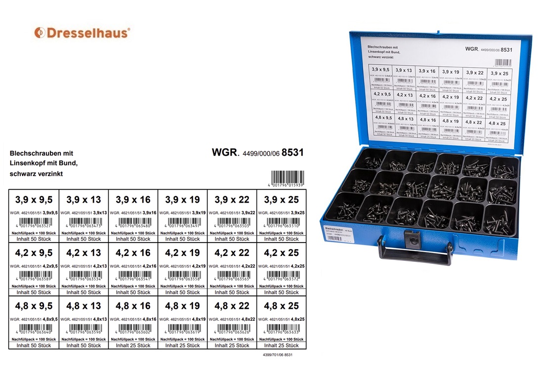 Assortimentskoffer plaatschroeven zwart verzinkt met kraag (18 vaks / 800 stuks, gesorteerd)