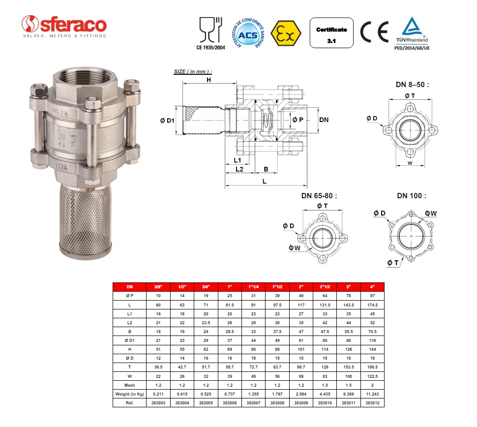 Voetklep 383 BSP DN10 - 3/8 met aanzuigfilter