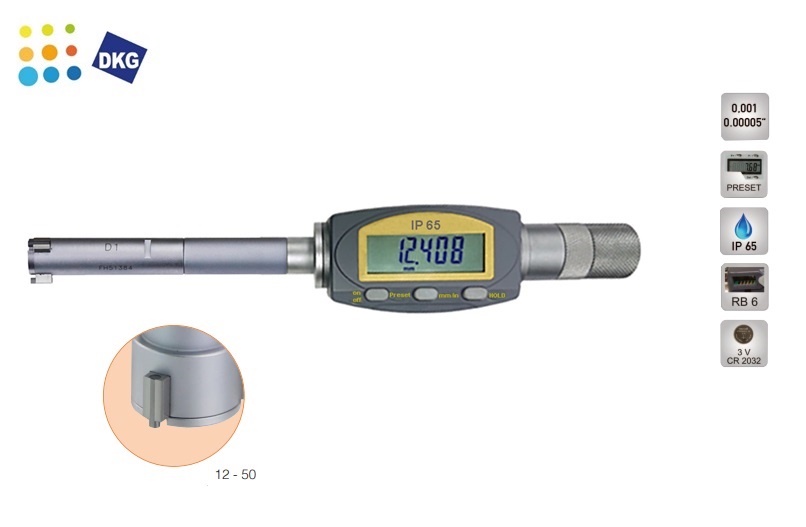 Digitale driepunts binnenschroefmaat 12 - 50mm | dkmtools