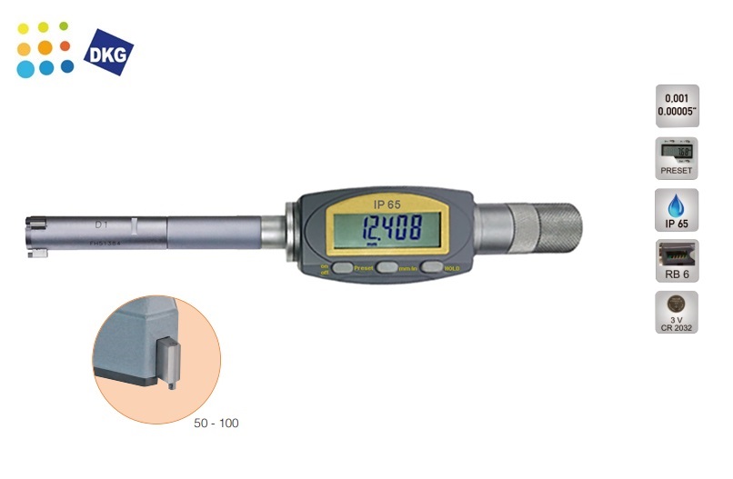 Digitale driepunts binnenschroefmaat 50 - 100mm | dkmtools