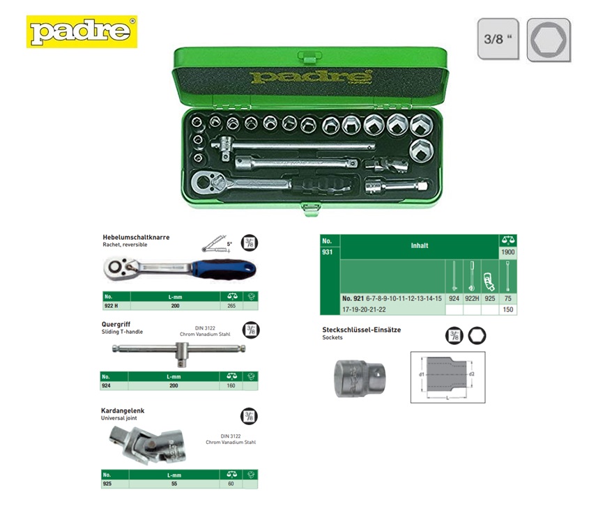 Padre 931 Doppenset 20 delig 10mm | DKMTools - DKM Tools