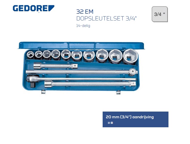 Gedore 32 EM Dopsleutelset 14 delig 20,0 mm | dkmtools