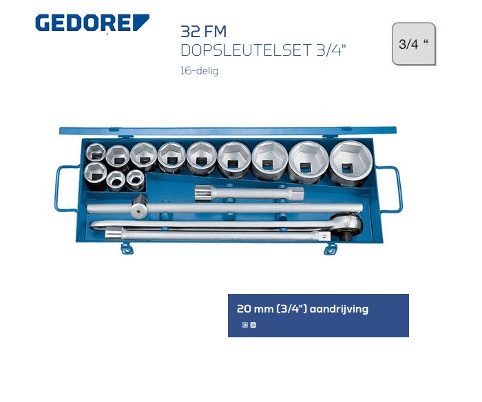 Gedore 32 FM Dopsleutelset 16 delig 20,0 mm | dkmtools