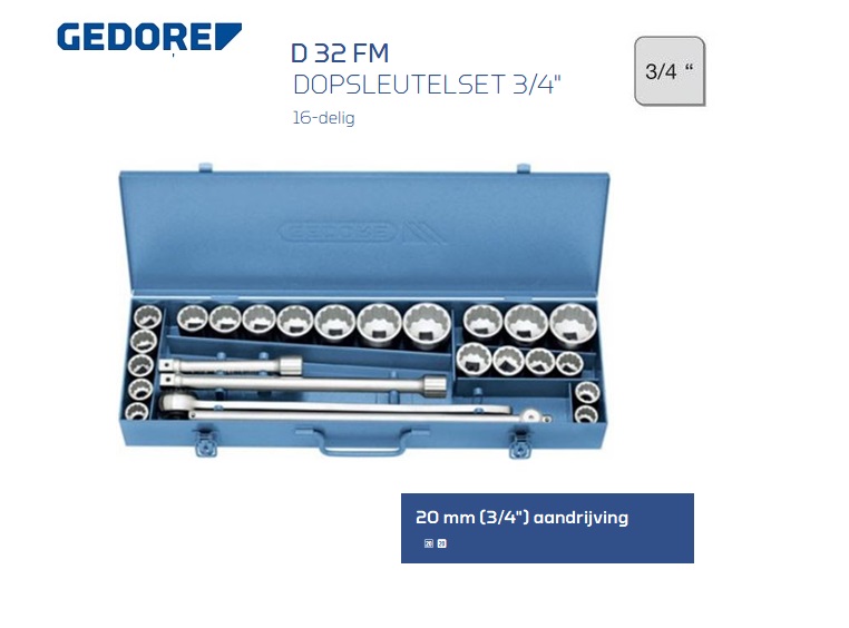 Gedore D 32 FM Dopsleutelset 16 delig 20,0 mm | dkmtools